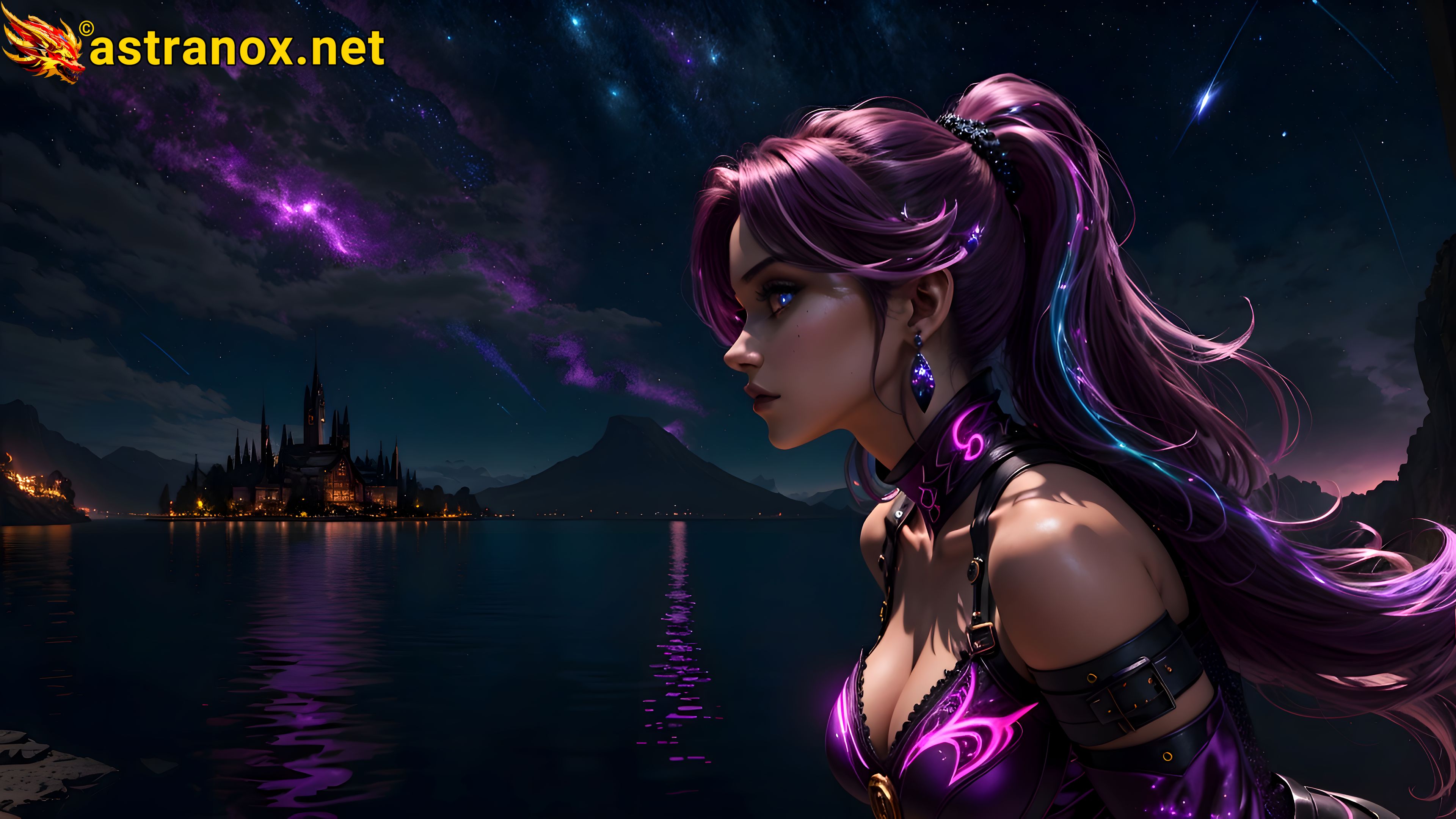 Enchanting female wizard with blue eyes and purple hair by the serene lake at dusk - 4K wallpaper capturing her mystique and magic Astranox