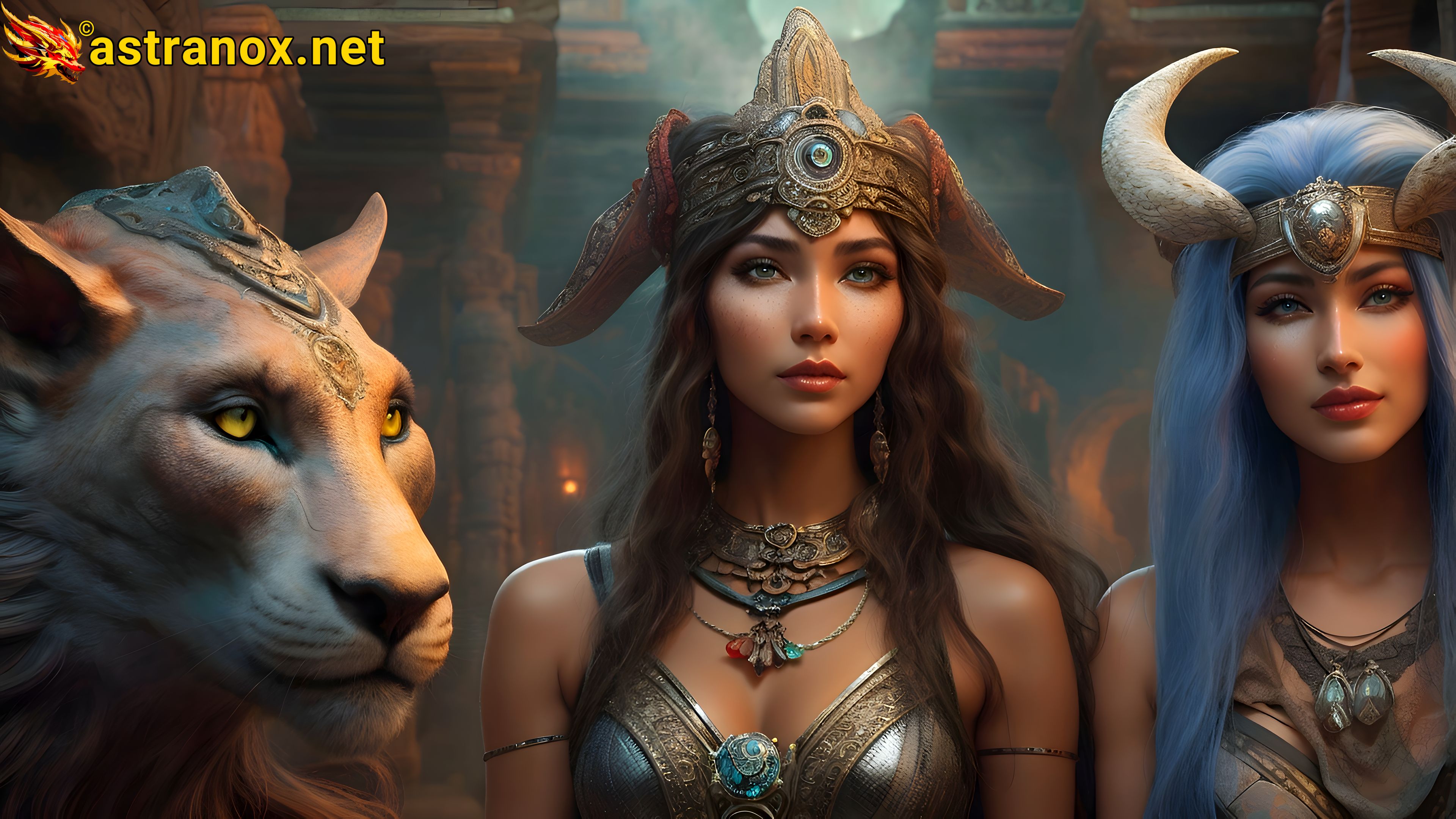 Enchanting 4K wallpaper: sorceress, hunter, mystical beast, and mystical temple, a world where magic and reality intertwine Astranox